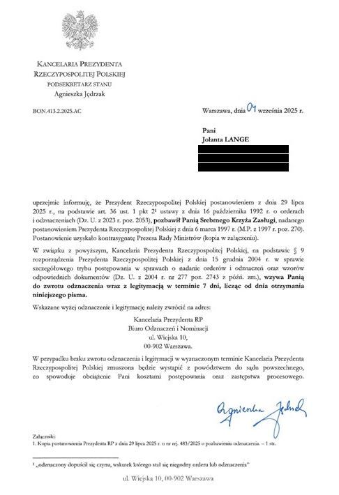 Pismo skierowane z Kancelarii Prezydenta do Jolanty Lange w którym prezydent domaga się zwrotu orderu.